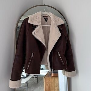 Aqua Brown Faux Suede Sherpa Moto Jacket XS Teddy Coat/Shearling Aviator/Fall